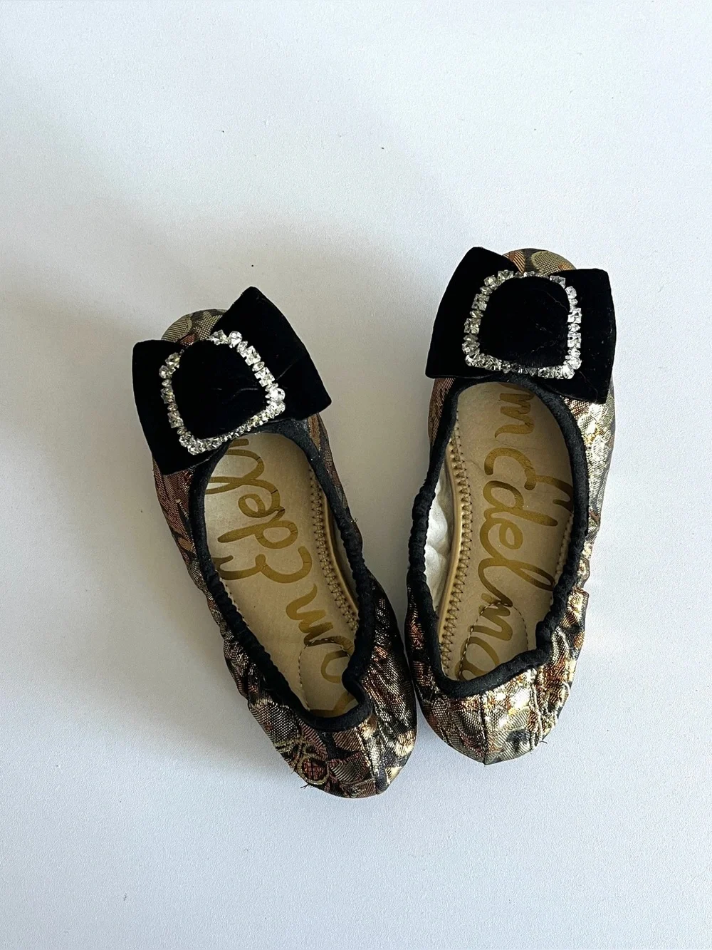 Sam Edelman girls ballet flat shoe 2 Farah gold brocade buckle black velvet bow